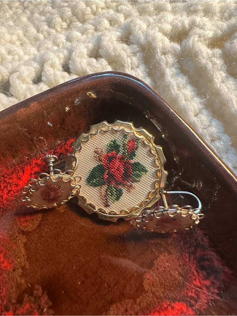 Vintage Petit Point Brooch and Screw Back Set of Floral Earrings